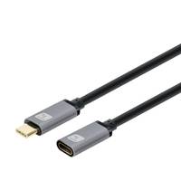 USB-C-Kabel mit grauen Steckern, ein Ende mit männlichem USB-C-Stecker und das andere Ende mit weiblichem USB-C-Adapter.