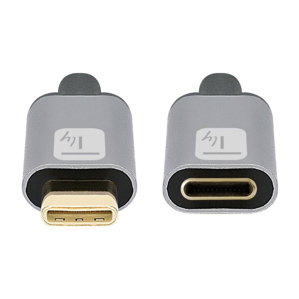 Zwei graue USB-C-Adapter mit HP-Logos, einer mit einem USB-C-Stecker und der andere mit einem USB-C-Buchse.