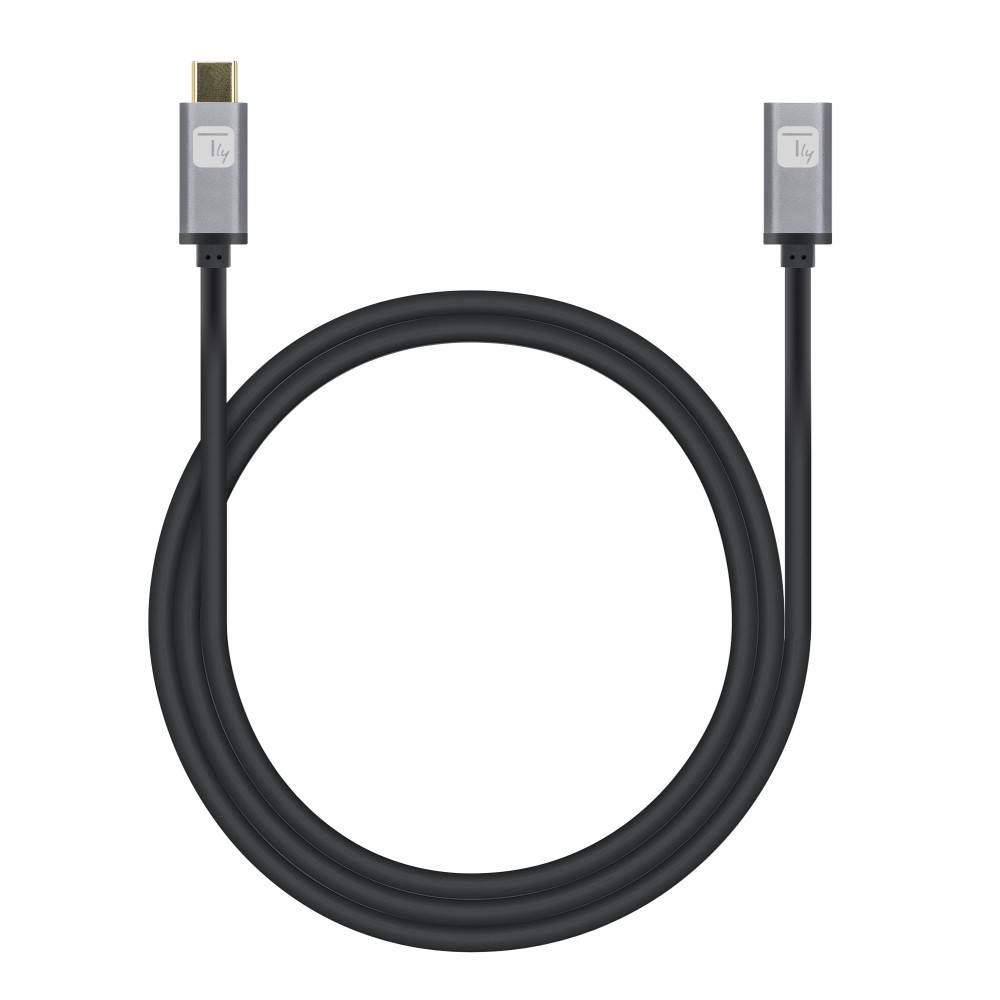Schwarzes USB-C-Kabel mit Anschlüssen an beiden Enden, aufgerollt auf weißem Hintergrund.