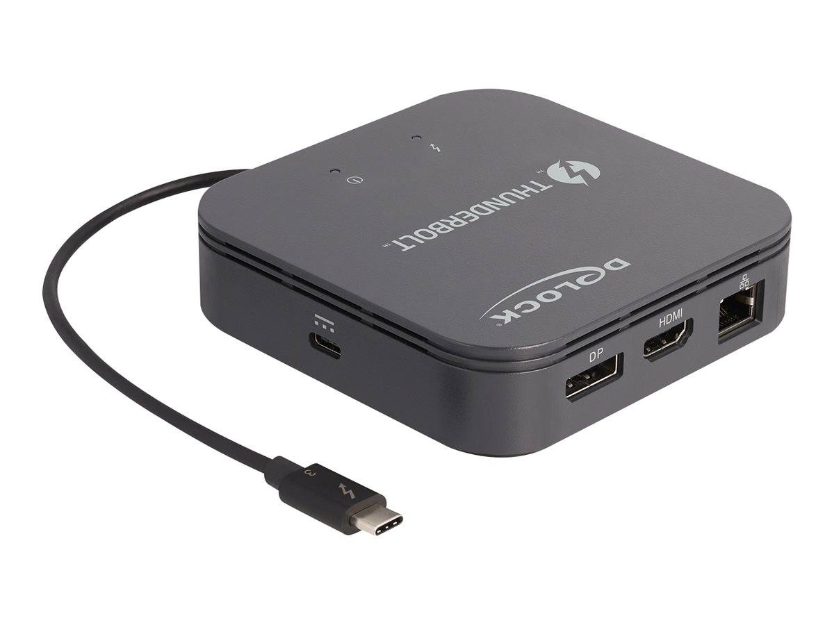 Thunderbolt-3-Docking-Station mit angeschlossenem USB-C-Kabel, ausgestattet mit DisplayPort-, HDMI- und Ethernet-Anschlüssen auf einem kompakten schwarzen Hub.