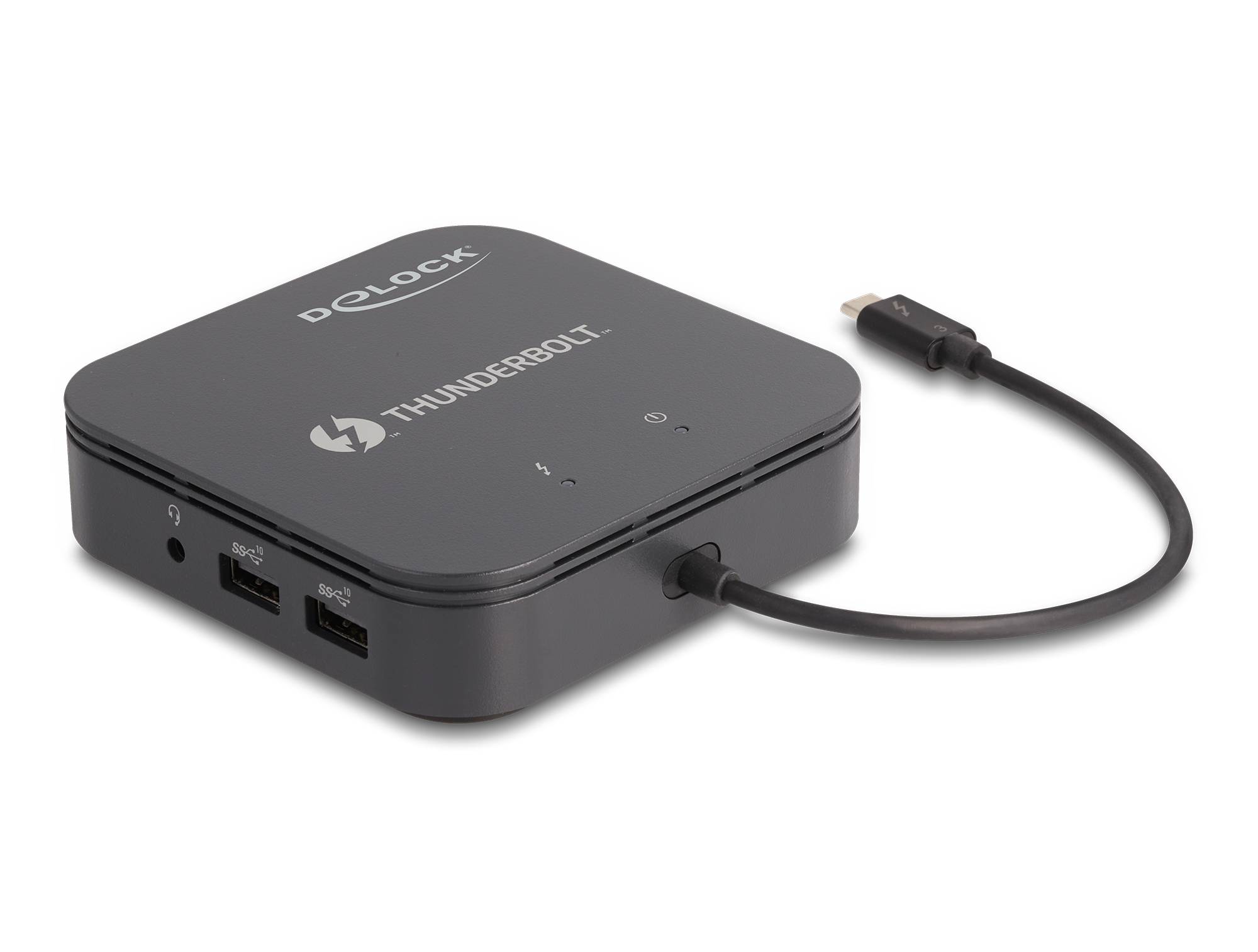 Schwarzes DeLOCK Thunderbolt-Dock mit angeschlossenem Kabel, dargestellt mit vorderen USB-Anschlüssen und Audio-Buchsen auf weißem Hintergrund
