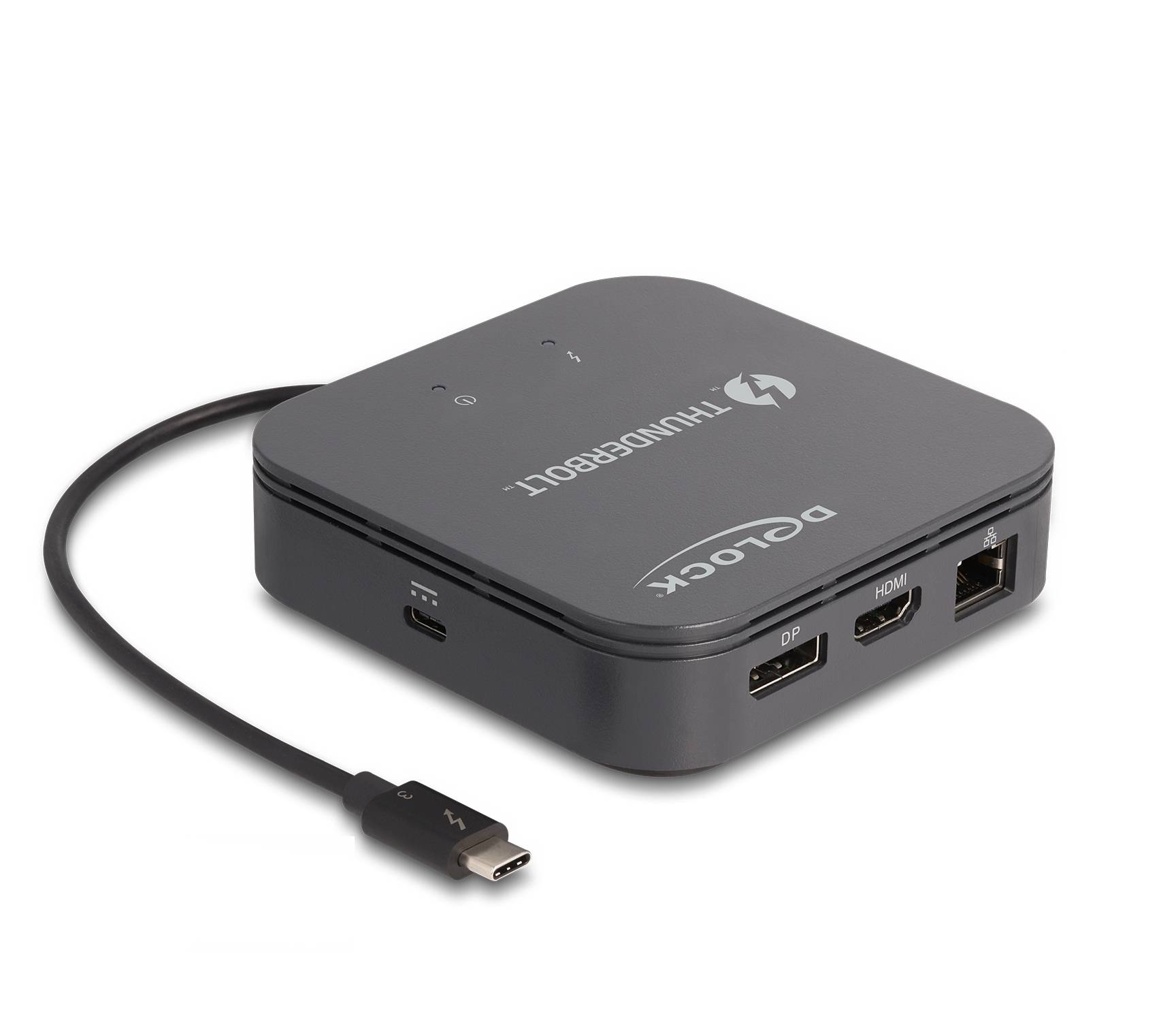Tragbarer Thunderbolt-3-Hub mit angeschlossenem USB-C-Kabel, ausgestattet mit USB-C-, DisplayPort-, HDMI- und Ethernet-Anschlüssen.