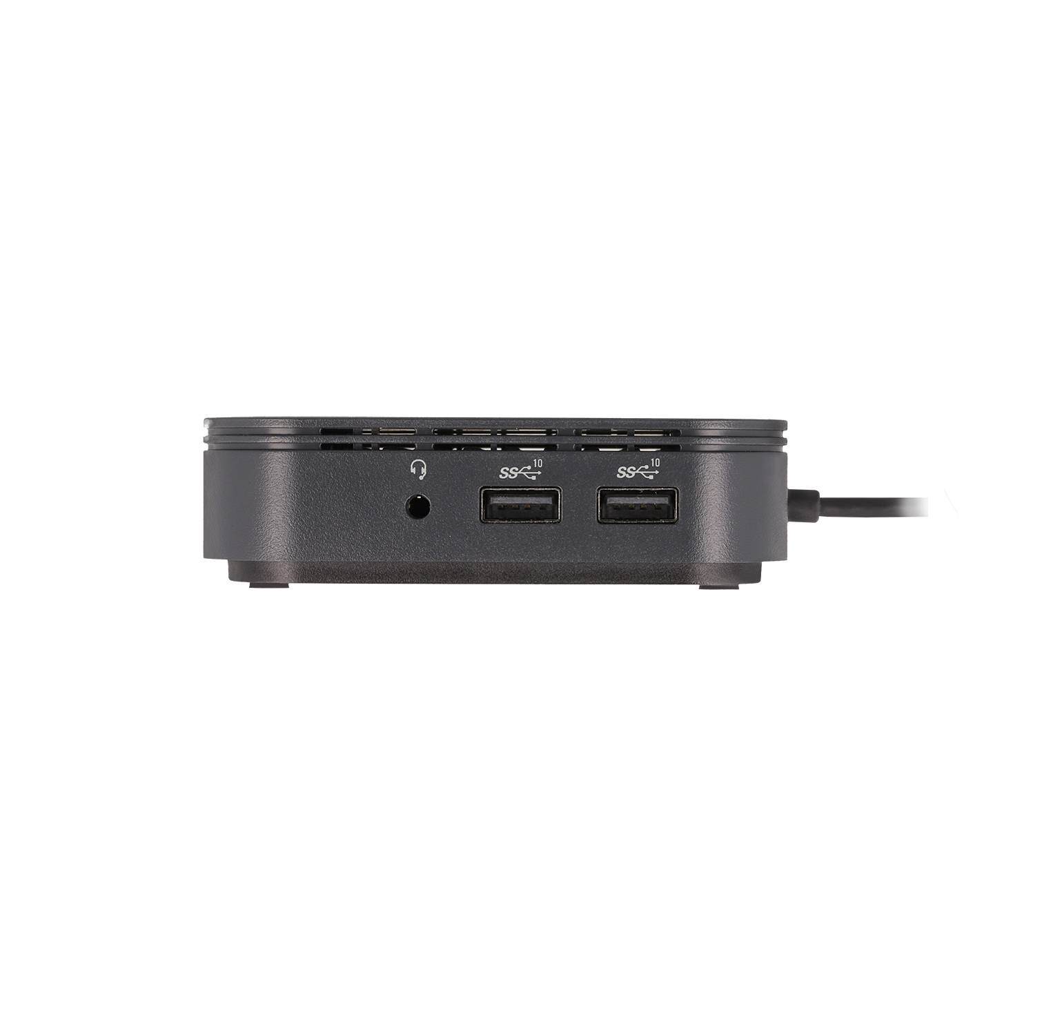 Kompaktes schwarzes Gerät von vorne gezeigt, mit einer Kopfhörerbuchse, zwei USB-Anschlüssen und einem angeschlossenen Kabel auf der rechten Seite.