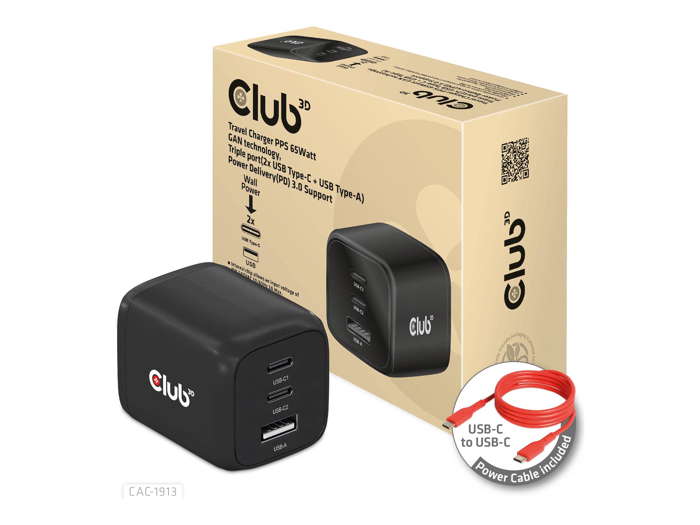 Club 3D CAC-1913 - Netzteil - GaN Technology, Triple Port - 65 Watt - 5 A - PD 3.0, PD/PPS - 3 Ausgabeanschlussstellen (