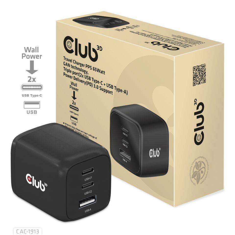Club 3D CAC-1913 - Netzteil - GaN Technology, Triple Port - 65 Watt - 5 A - PD 3