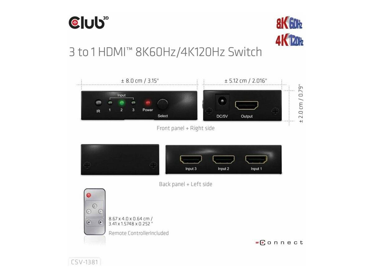 Club 3D CSV-1381 - Video/Audio-Schalter - 3-to-1, 8K 60 Hz/4K 120 Hz