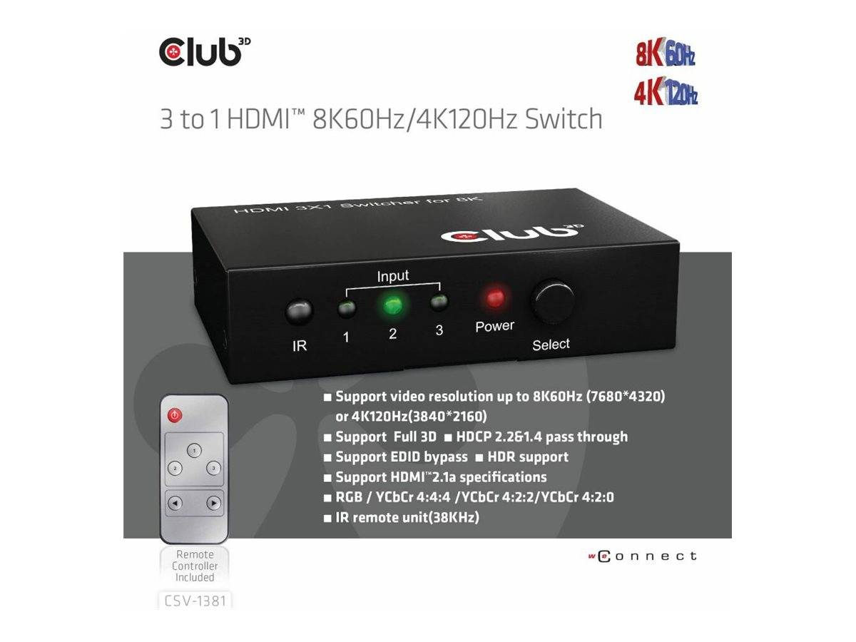 Club 3D CSV-1381 - Video/Audio-Schalter - 3-to-1, 8K 60 Hz/4K 120 Hz