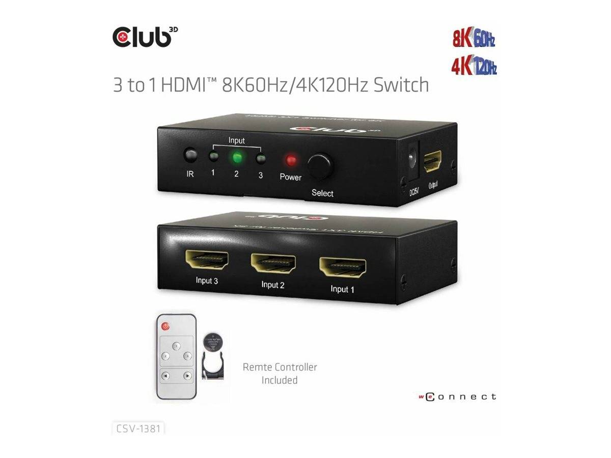 Club 3D CSV-1381 - Video/Audio-Schalter - 3-to-1, 8K 60 Hz/4K 120 Hz