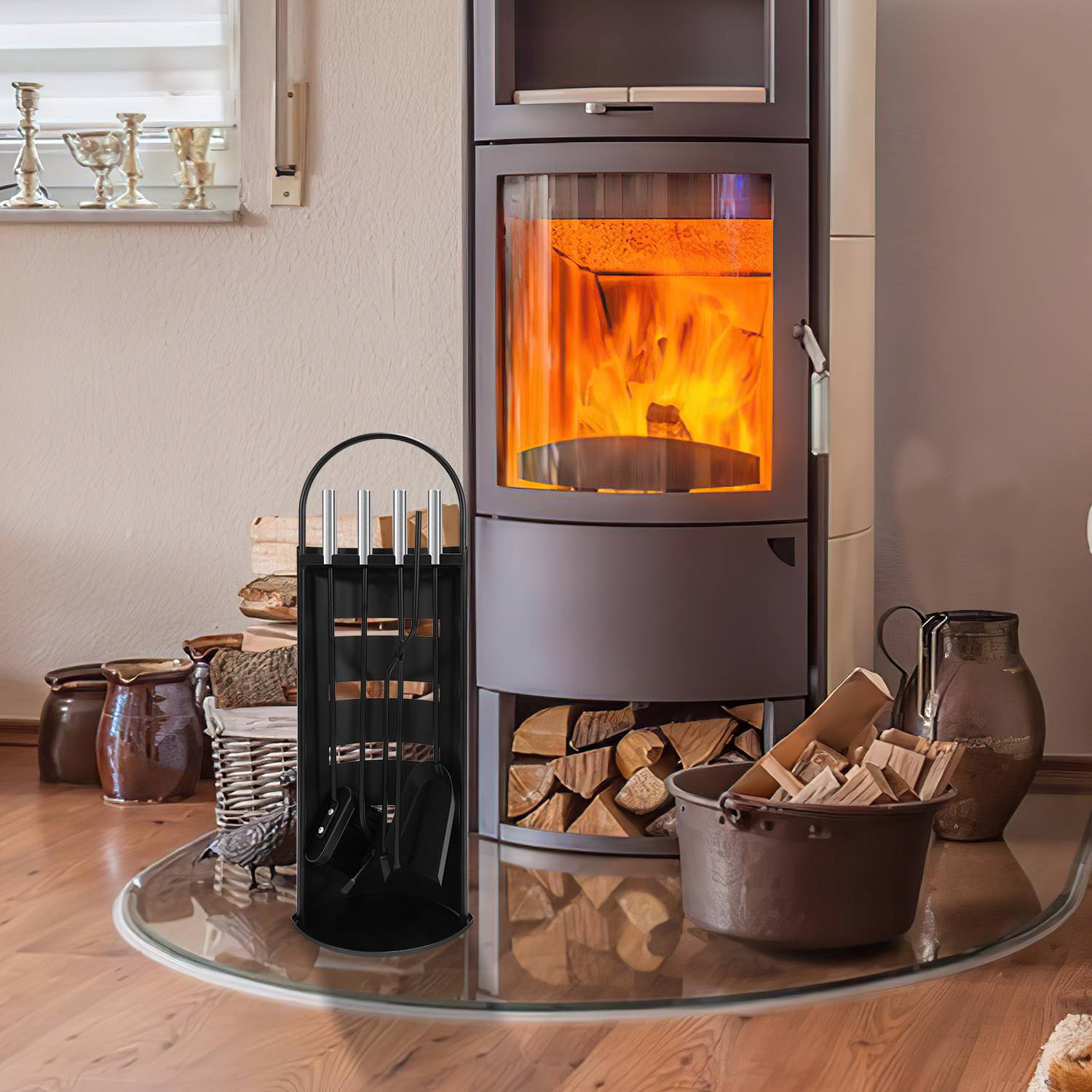 5tlg Schwarz Kaminbesteck Edelstahl Kamingarnitur, Einschließlich Besen, Ascheschaufel, Schürhaken, Zange, Ständer mit Sichtschutz