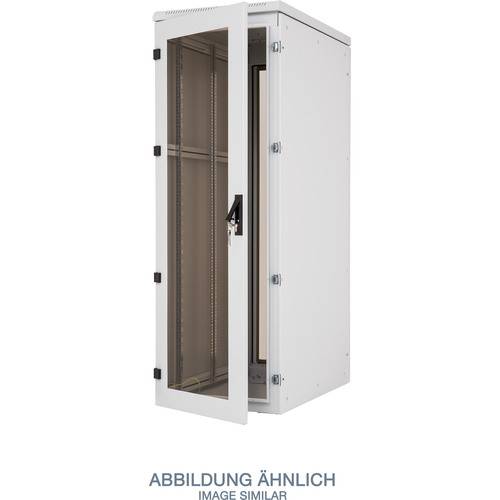 Ein hoher, weißer Serverrack-Schrank mit einer Glastür, teilweise geöffnet, der einen Blick ins Innere der Einschübe ermöglicht. Kleine Schrift darunter liest sich: 'Ähnliches Bild'.