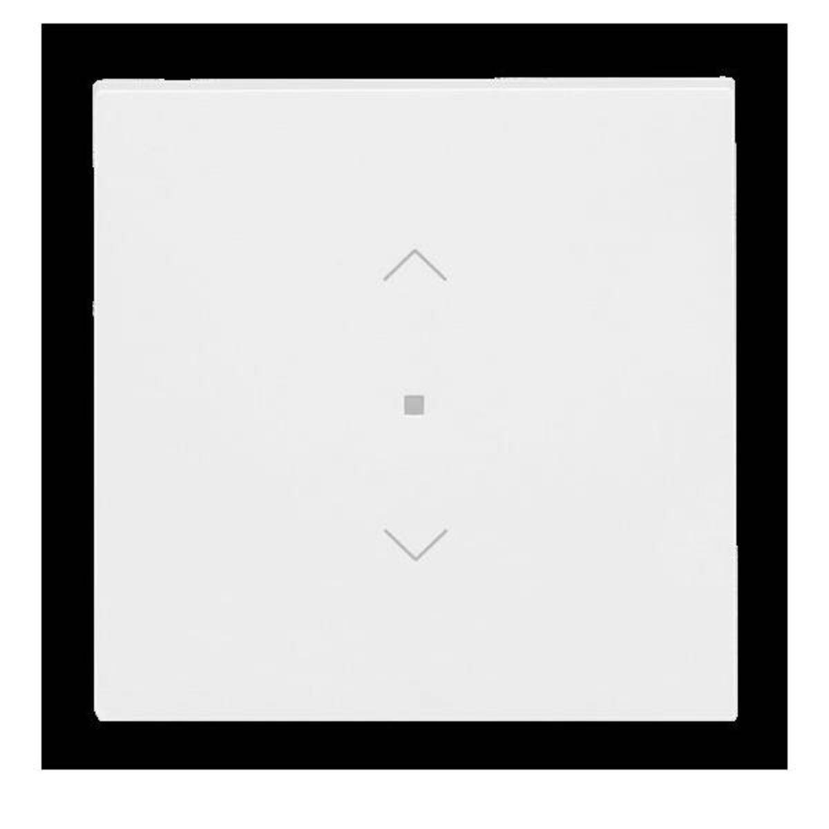 Ein weißer quadratischer Schalter mit Pfeilen nach oben und unten, vor einem schwarzen Hintergrund.