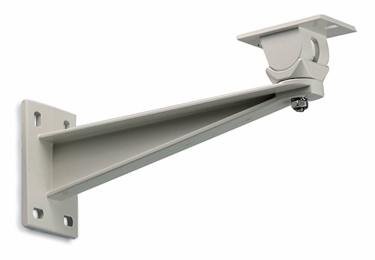 Graue an der Wand montierte Sicherheitskamera-Halterung aus Metall mit verstellbarem Schwenkarm und Deckenplatte, dargestellt auf weißem Hintergrund.