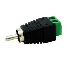 Schwarzer RCA-Stecker mit grünem Schraubklemmen-Anschluss, wird verwendet, um Drähte an einem Stecker anzubringen.