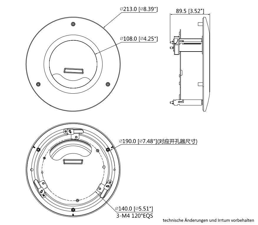Technische Zeichnung eines runden Geräts mit Front-, Seiten- und Rückansicht mit Abmessungen: 213,0 mm Durchmesser, 108,0 mm Innendurchmesser, 89,5 mm Tiefe und 190,0 mm/140,0 mm Montagemaße.
