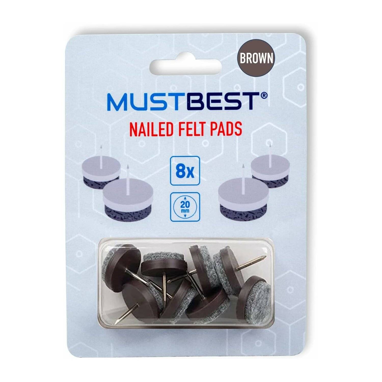 8 Stück runde, Nagelbare Filz-Möbelpolster, Hartholz-Schützer | Braun