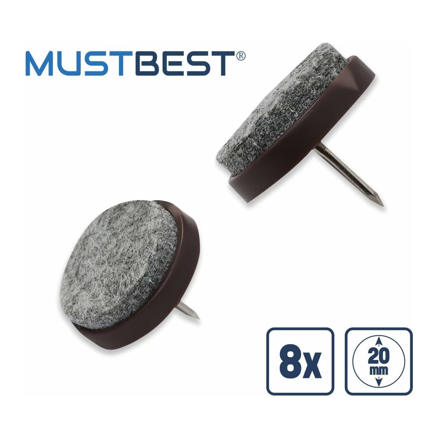 8 Stück runde, Nagelbare Filz-Möbelpolster, Hartholz-Schützer | Braun