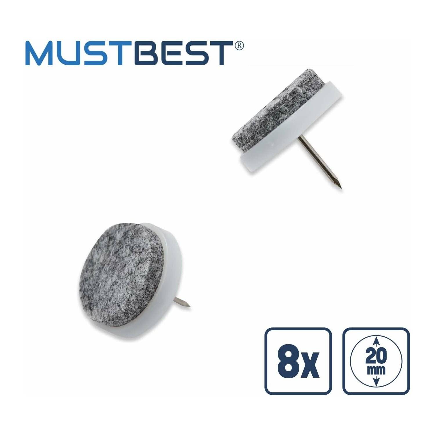 8 Stück runde, Nagelbare Filz-Möbelpolster, Hartholz-Schützer | Weiß