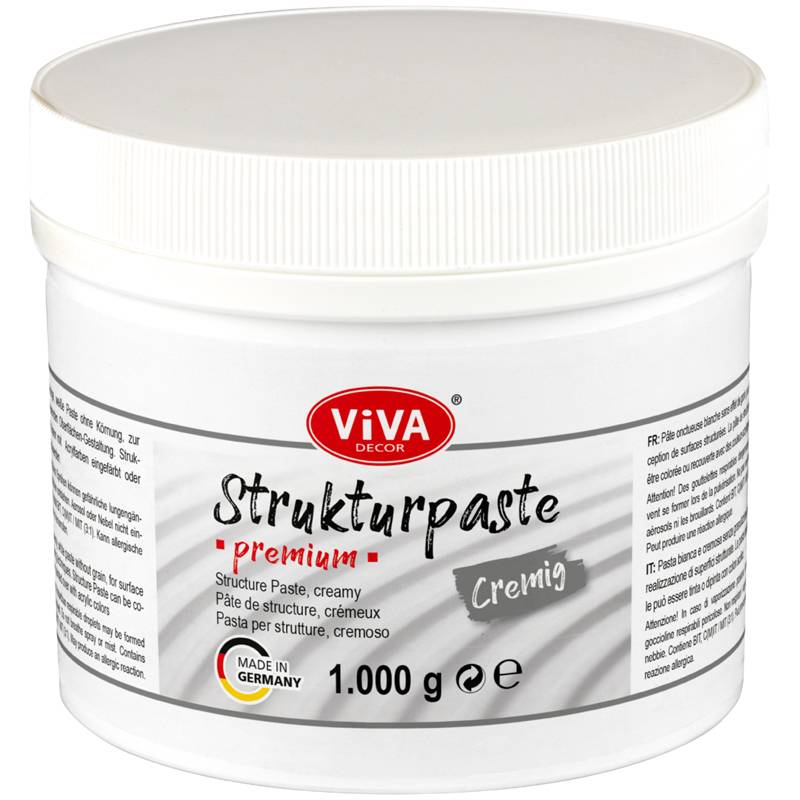 Weißer Kunststoffbehälter von Viva Decor 'Strukturpaste Premium', eine cremige Strukturpaste, gekennzeichnet mit 1.000 g und hergestellt in Deutschland.