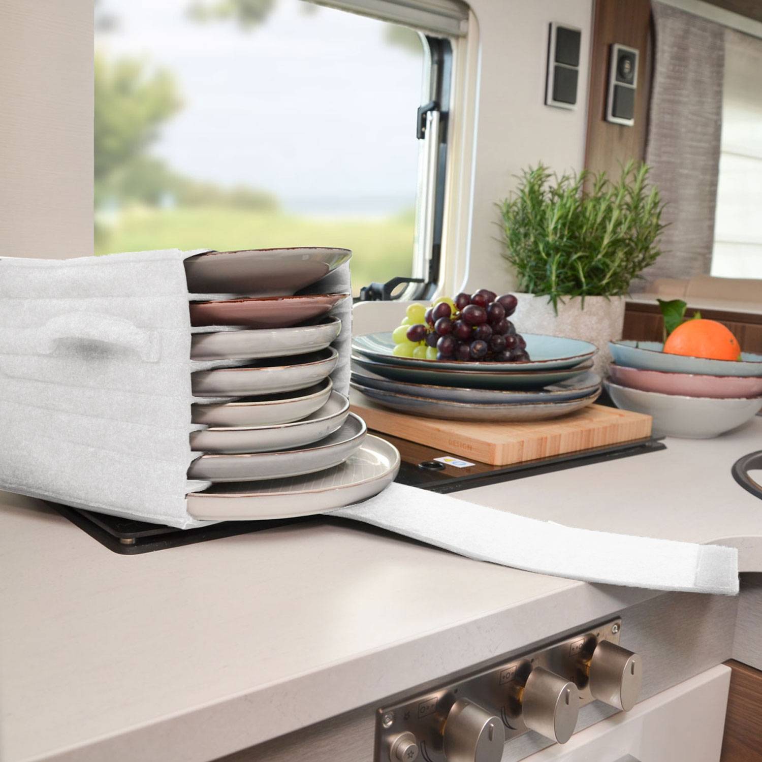 Wohnmobil Tellerhalter Filz für 8 Teller - 27x20x18 Camping Geschirr Organizer