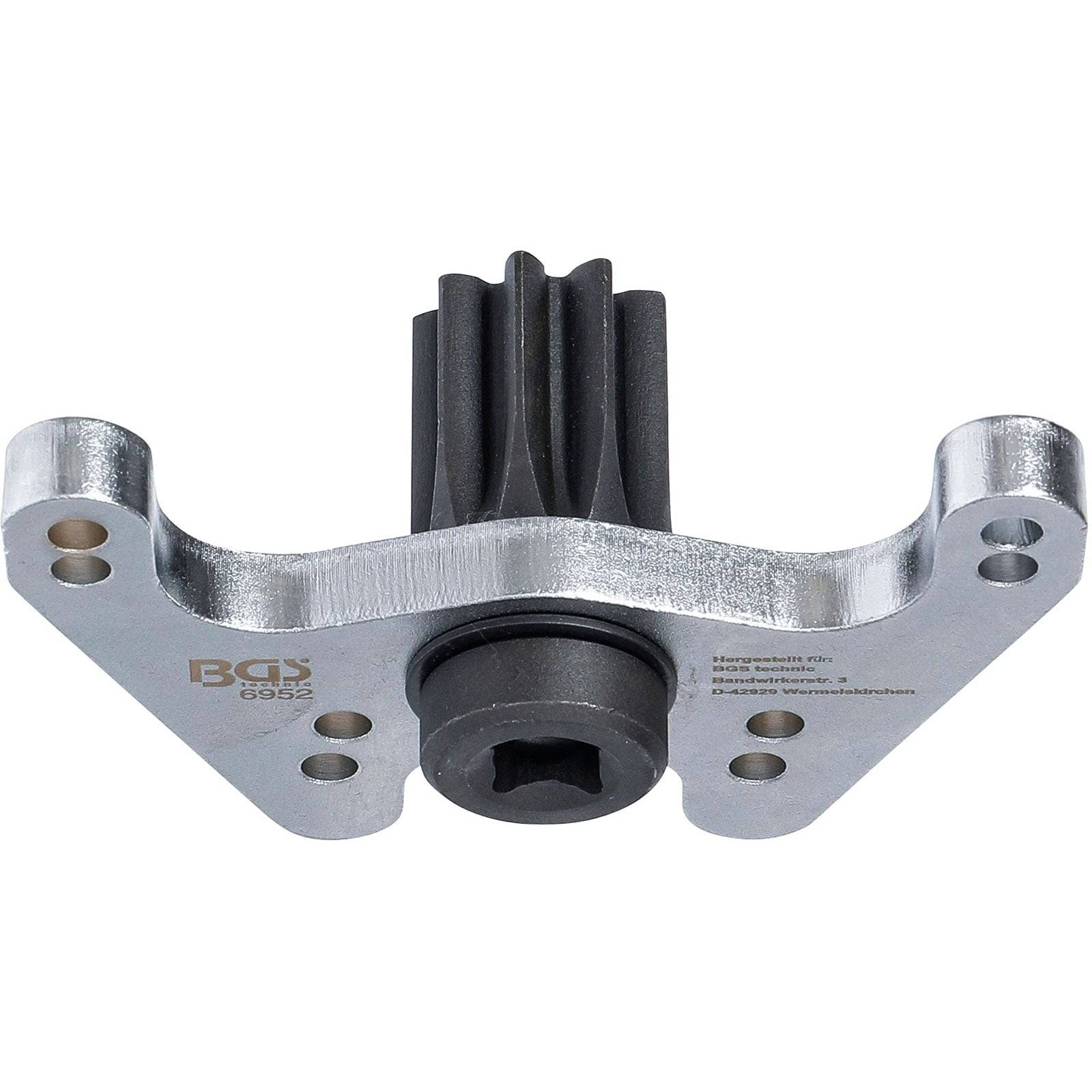 Ein Metallgetriebezieher mit einem schwarzen Zahnrad und Montageplatte, gekennzeichnet mit BGS 6952, verwendet zum Ausziehen von Zahnrädern in mechanischen Anwendungen.