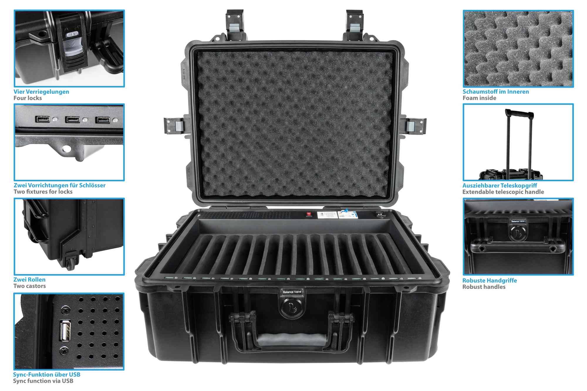 ATON4 T14S Tablet-Ladetrolley, USB-A Ausführung, Sync-Funktion, spritzwassergeschützt, schwarz