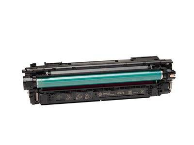 Eine cyan Druckerpatrone für ein HP-Druckermodell 657X, mit langem zylindrischem Design und wesentlichen Anweisungen auf der Seite.
