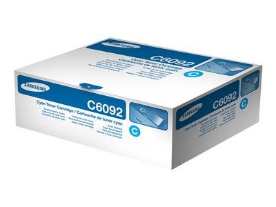 Eine weiße und blaue Box mit der Aufschrift 'Samsung Cyan Toner Cartridge C6092', die Produktmarke und Farbbezeichnung auf mehreren Seiten zeigt.
