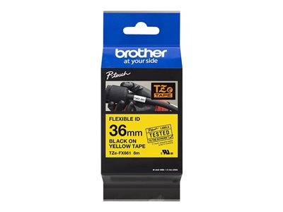 Brother P-touch' flexibles ID-Etikettenband; 36mm Breite, schwarzer Text auf gelb. Kompatibel mit TZe-FX661, 8m Länge. Verpackung abgebildet.