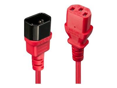 Rotes Stromkabel mit IEC-Steckverbindern; ein Ende ist ein C14-Stecker und das andere eine C13-Buchse, wird häufig für Computergeräte verwendet.
