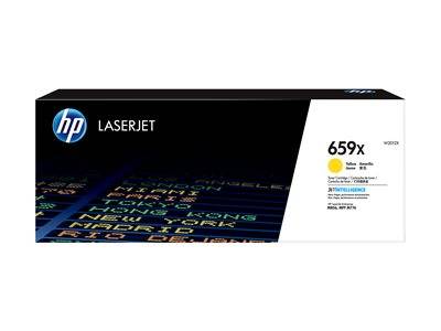 Die Verpackung der HP LaserJet 659X Tonerkartusche mit blauen und gelben Texthervorhebungen zeigt kompatible Druckermodelle und Tonerseitenausbeute.