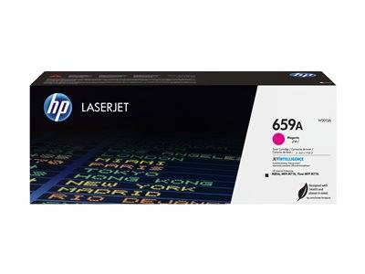 HP LaserJet 659A Druckerpatrone Verpackung mit farbenfrohem Text und globalen Städten im Hintergrund.