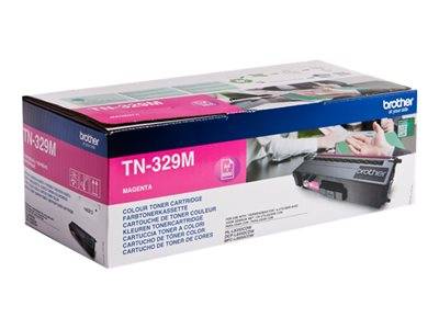Brother TN-329M Magenta-Tonerkartusche Verpackung mit Produktname und Spezifikationen, geeignet für Farblaserdrucker.