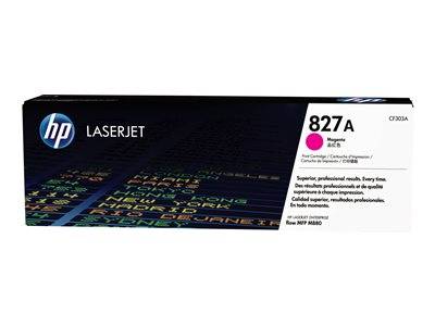 HP 827A LaserJet Toner-Patrone, Magenta, zur Verwendung in HP M880 Druckern. Enthält Produktdetails und mehrsprachige Informationen.