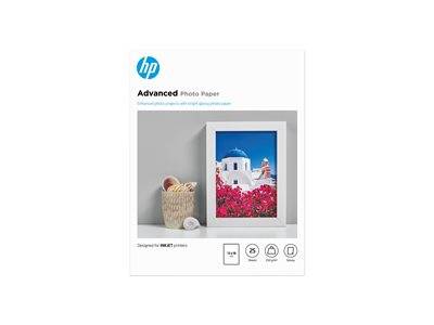 HP Advanced Fotopapier, Verpackung mit einem gerahmten Foto eines weißen Gebäudes mit blauer Kuppel und roten Blumen, für Tintenstrahldrucker entwickelt.