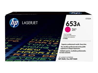 HP LaserJet 653A Magenta Tonerkartusche, Verpackungsschachtel mit mehrfarbigem Textdesign und Markenlogo. Geeignet für HP M680 Drucker.