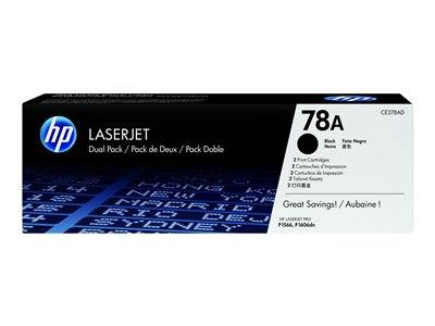 HP LaserJet 78A Dual Pack für schwarze Toner. Kompatibel mit P1566-, P1606dn-Druckern. Merkmale in Englisch, Französisch und Spanisch.