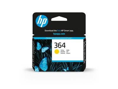 HP 364 Gelb-Tintenpatrone Verpackung mit blauen Schmetterlingen auf dunklem Hintergrund.