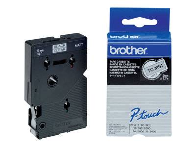 Schwarze und transparente Beschriftungsband-Kassette von Brother P-touch, 9 mm x 7,7 m, neben ihrer Verpackung dargestellt.