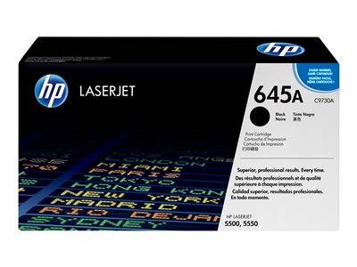 HP 645A LaserJet Tonerkartusche mit Verpackungsaufschrift für Modellnummern: 5500, 5550. Hebt schwarze Tinte und professionelle Qualität hervor.