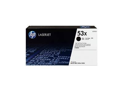 HP LaserJet 53X schwarze Tonerkartusche mit Produktdetails für Modelle M2727 MFP, P2014, P2015.