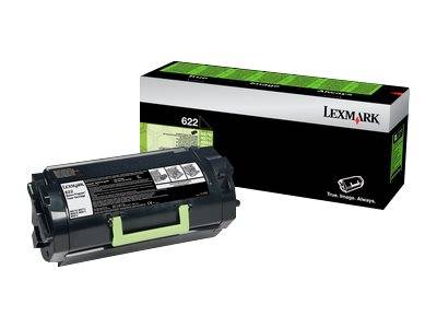 Verpackung einer Lexmark-Tonerkartusche des Modells 622, die das Produktbild mit einem grünen Griff neben der Markenschachtel zeigt.