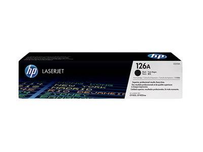 Das Bild zeigt eine Verpackung einer HP LaserJet 126A Schwarzen Tonerpatrone mit HP-Branding und Text auf Englisch und Spanisch, die die hochwertige Druckqualität und Garantieinformationen hervorhebt.