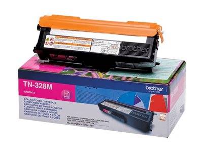 Brother TN-328M' Magenta-Tonerkassette mit Produktabbildung und Branding auf der Vorderseite.