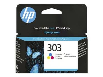 HP 303 Dreifarbige Tintenpatrone mit Verpackung und blauem Schmetterlingsbild, wirbt für die kostenlose HP Smart App unter hpapp.com.