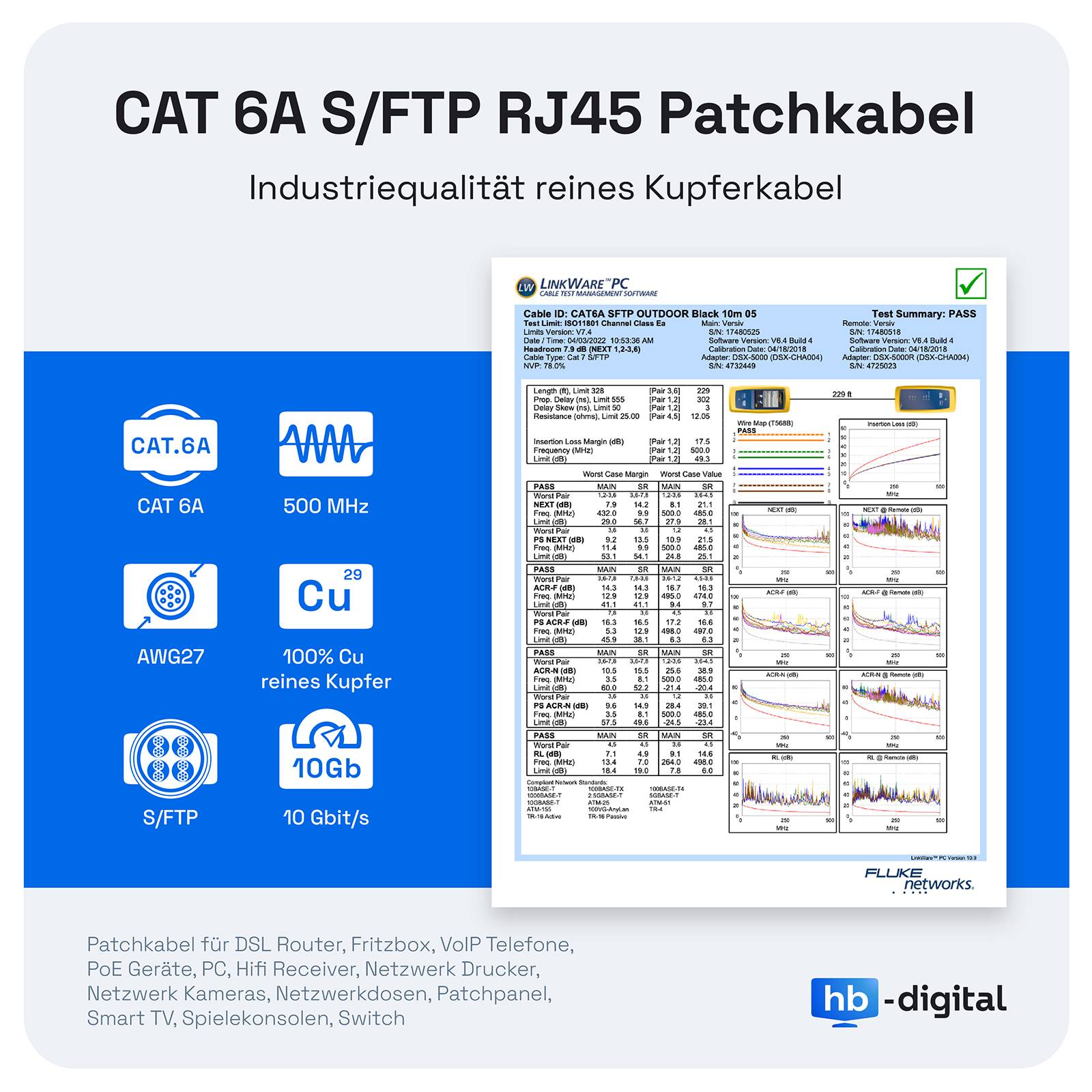 hb-digital 15m RJ45 Patchkabel CAT 6a Outdoor S/FTP PVC PE schwarz