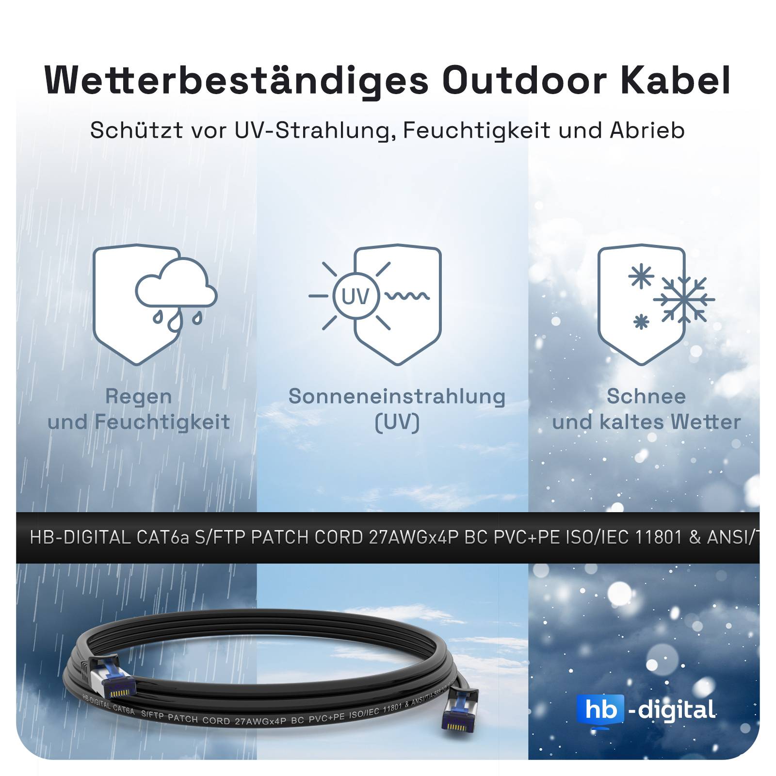 hb-digital 50m RJ45 Patchkabel CAT 6a Outdoor S/FTP PVC PE schwarz
