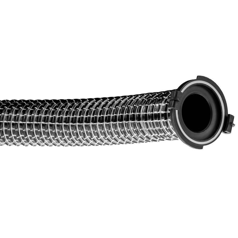 Nahaufnahme eines flexiblen gewellten Metallschlauchs mit einer schwarzen kreisförmigen Kupplung auf weißem Hintergrund.
