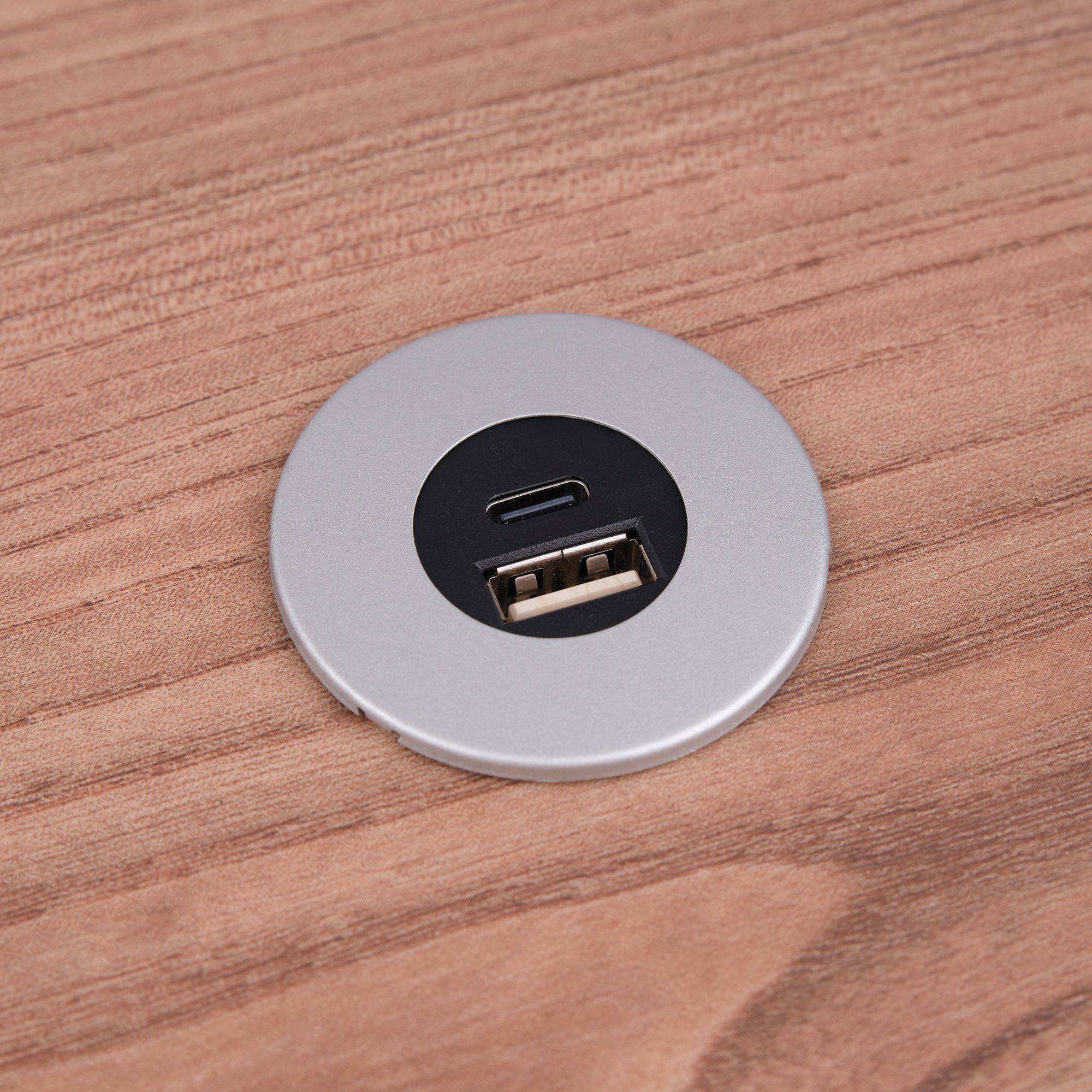 Einbau USB-Hub 2 in 1 Silbergrau USB und USB-C, silbergrau, Steckdose für Smartphone, Tablet, E-Reader Möbeleinbau 12V silbergrau
