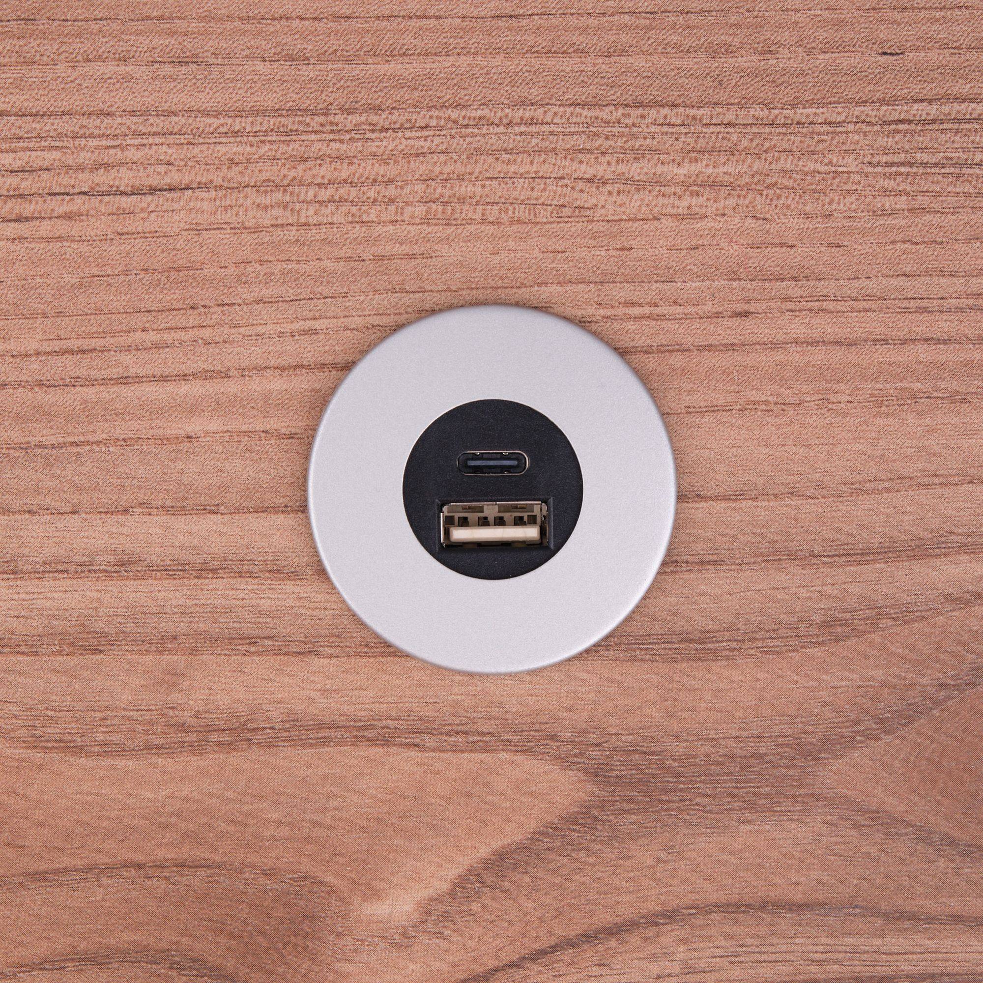 Einbau USB-Hub 2 in 1 Silbergrau USB und USB-C, silbergrau, Steckdose für Smartphone, Tablet, E-Reader Möbeleinbau 12V silbergrau