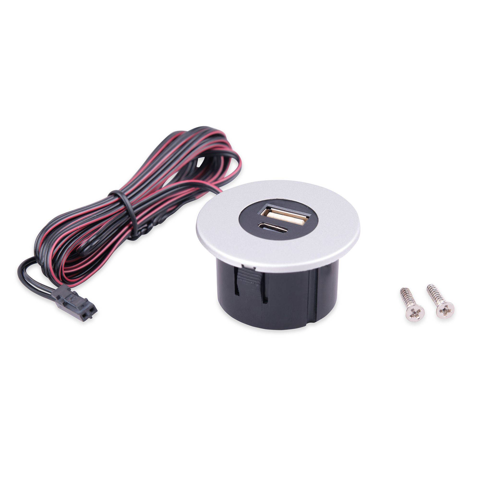 Einbau USB-Hub 2 in 1 Silbergrau USB und USB-C, silbergrau, Steckdose für Smartphone, Tablet, E-Reader Möbeleinbau 12V silbergrau